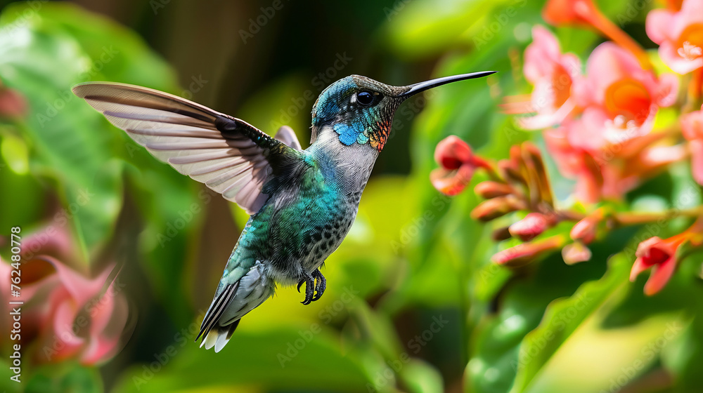 Fototapeta premium Vivid hummingbird with spread wings visiting bright pink flowers on a lush green backdrop