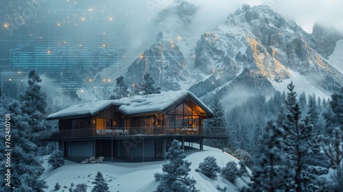 An exquisite modern mountain chalet, illuminated from within, nestles among snowy pines at dusk, with the rugged mountain peaks serving as a dramatic backdrop. © Sodapeaw