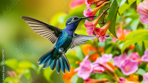 Vivid hummingbird with spread wings visiting bright pink flowers on a lush green backdrop