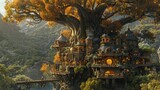This enchanting treehouse city, bathed in the golden hour light, blends whimsical architecture with the natural elegance of an ancient, sprawling tree.