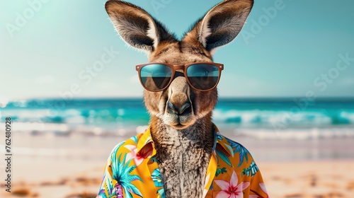 a kangaroo in the beach with sunglasses and Hawaiian shirt.