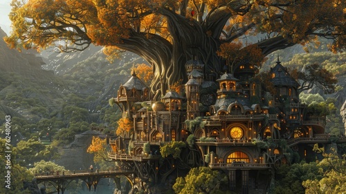 This enchanting treehouse city, bathed in the golden hour light, blends whimsical architecture with the natural elegance of an ancient, sprawling tree.