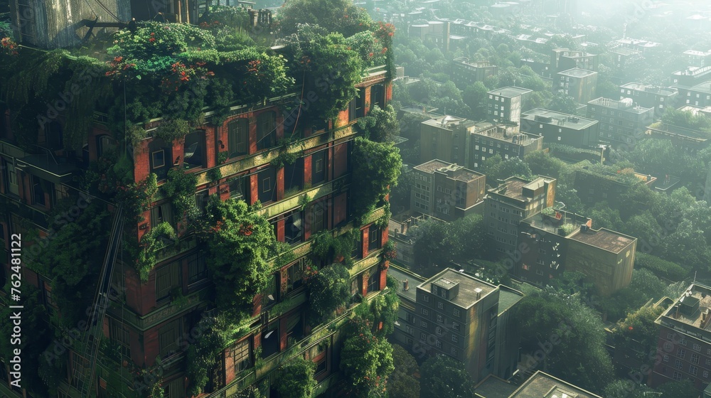 Fototapeta premium A visionary urban apartment building transforms into a vertical garden, with verdant foliage and vibrant flowers enveloping its red-brick facade.