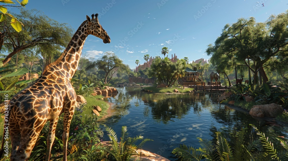 Obraz premium A majestic giraffe stands tall and serene by a waterhole in a lush, verdant safari park with other wildlife roaming nearby.