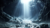 Cave environment, ground covered with rocks and dust in an abyss of darkness, beam of light shining down from the sky above the cave