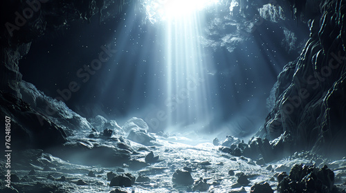 Cave environment, ground covered with rocks and dust in an abyss of darkness, beam of light shining down from the sky above the cave © Ratthamond