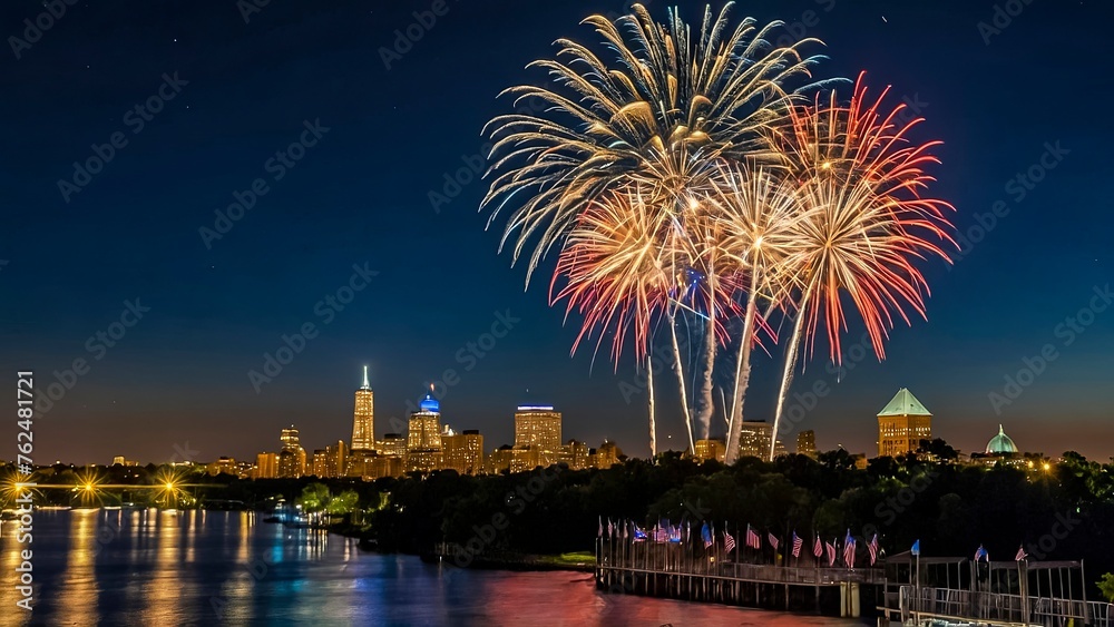 Nighttime Cityscape With Fireworks Display