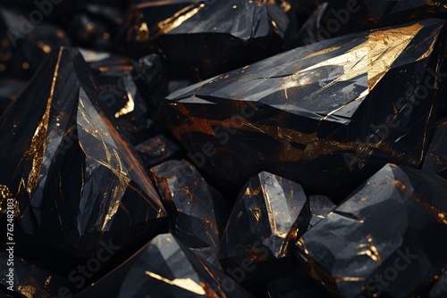 a pile of black rocks with gold paint