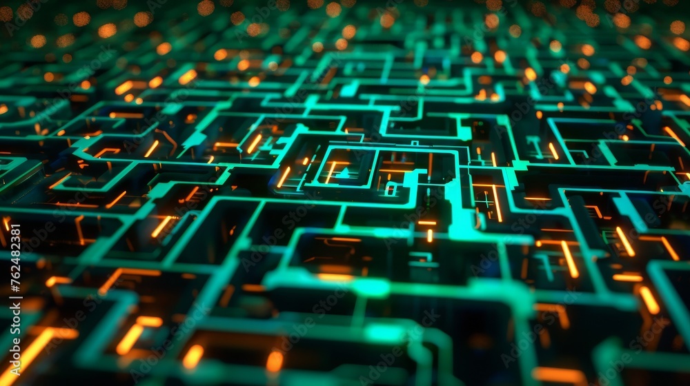 Fototapeta premium Luminous labyrinth of tech circuits, representing the journey through data processing
