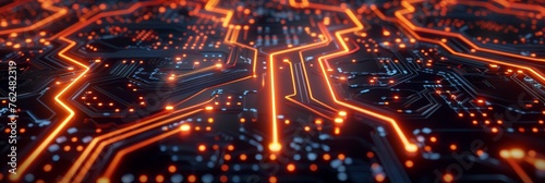 Futuristic circuit board maze glowing with data flow, the heart of machine intelligence