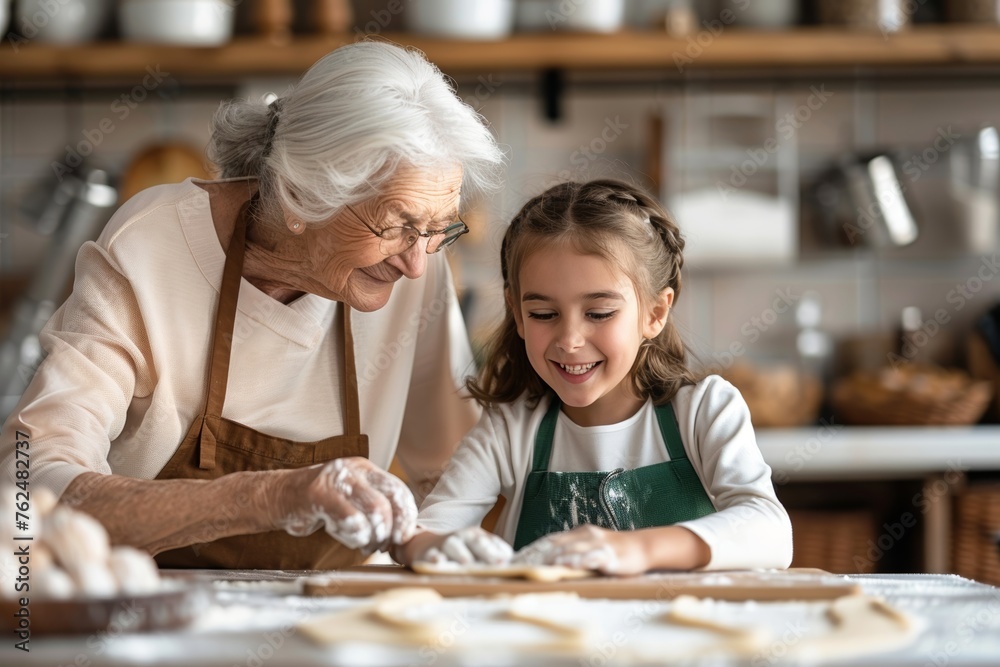 Tender Moments in a Sunlit Kitchen as a Grandmother and Granddaughter Enjoy Baking Together