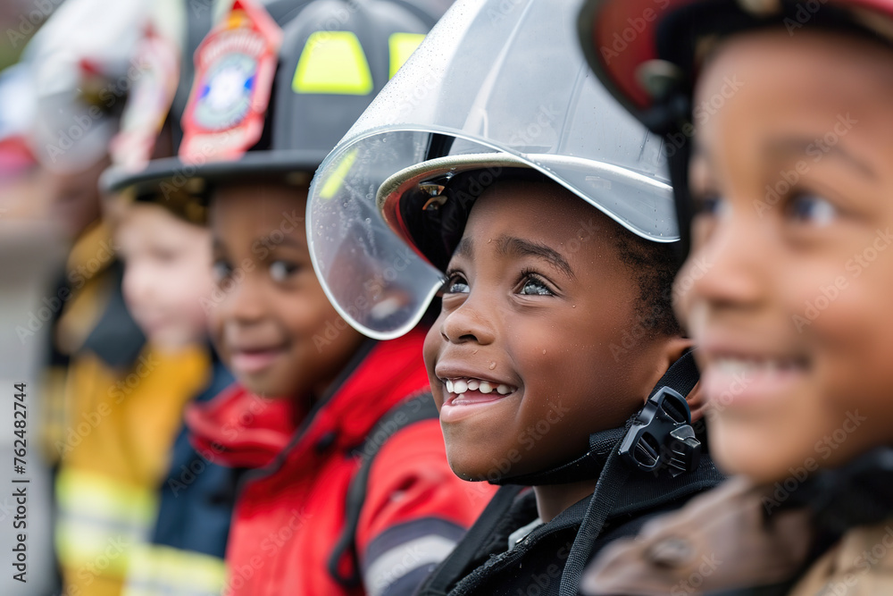 Children wearing firefighter helmets look on with admiration and joy. Children wearing firefighter helmets look on with admiration and joy.