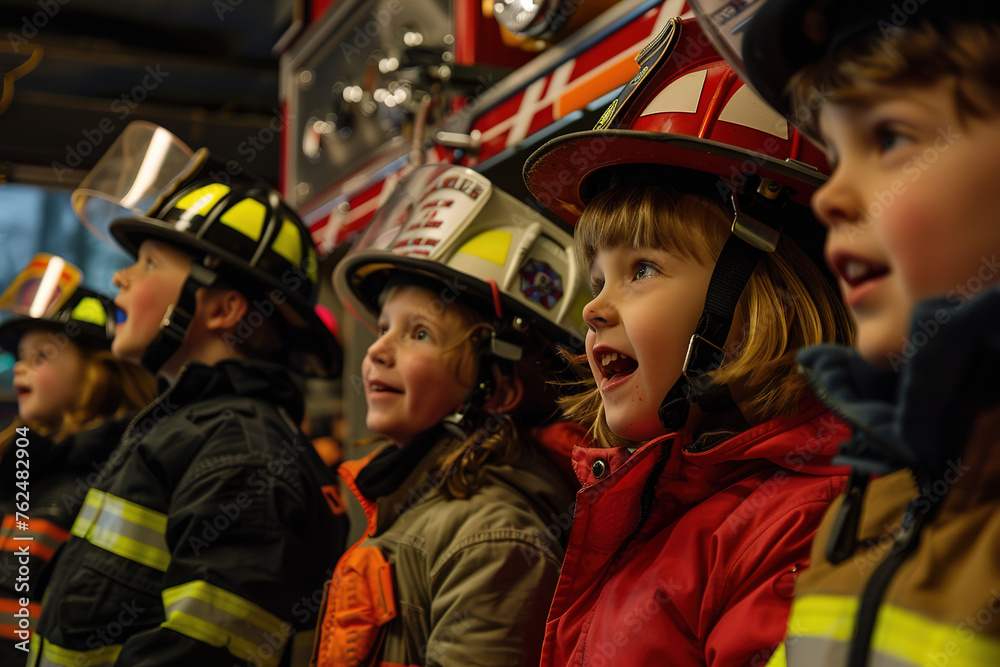 Excited children wearing firefighter helmets look in awe. Excited children wearing firefighter helmets look in awe.