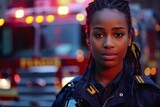 A focused female firefighter with a fire truck in the background at dusk.