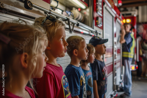 Children line up eagerly watching a firefighter at work, captivated by the scene.