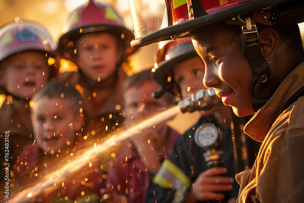 A young firefighter in gear with children watching sparks fly from a hose.