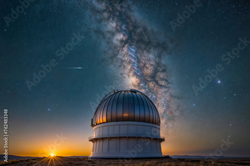 A large dome-shaped building with a large white milky way in the background