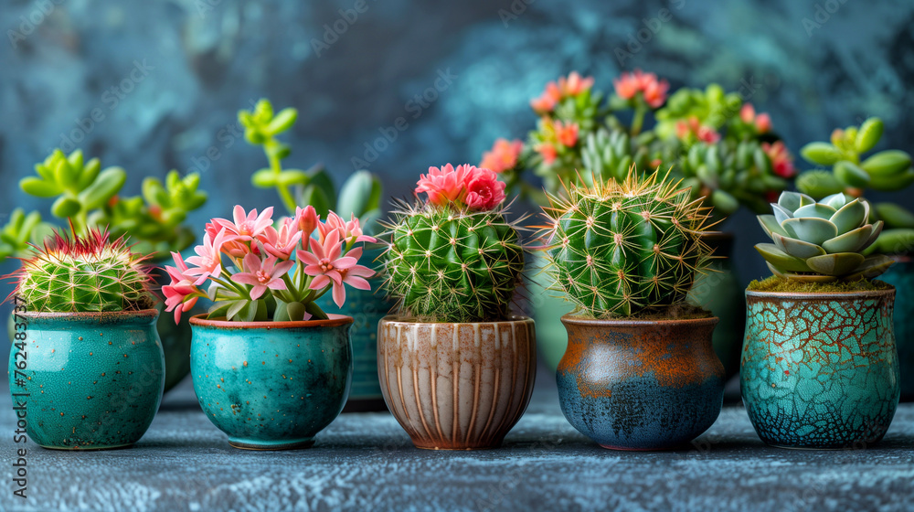 Variety of cacti in pots on blue wooden background.