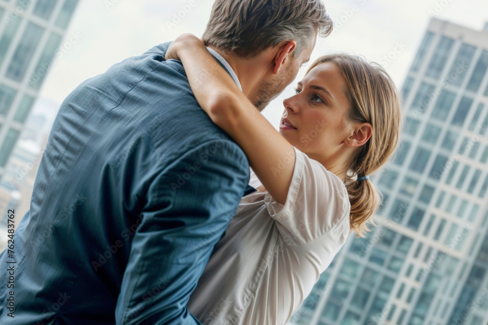 Sexual harassment at work. Boss and a woman are hugging in front of a ...