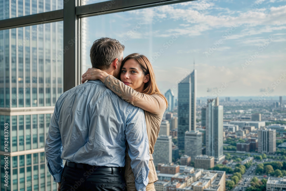 Sexually Harassing Boss hugs his woman subordinate in office. Sexual ...