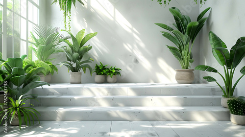 3d render of a white room with plants in pots on the stairs