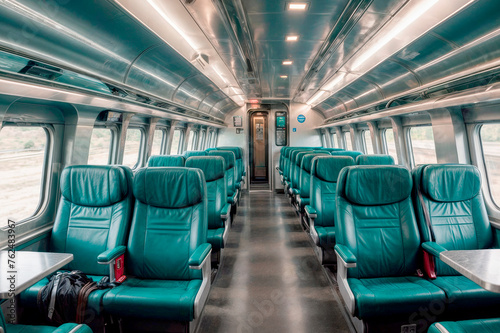 Empty blue-green seats in two rows on each side with a wide edge, view of the corridor, no people. © polack