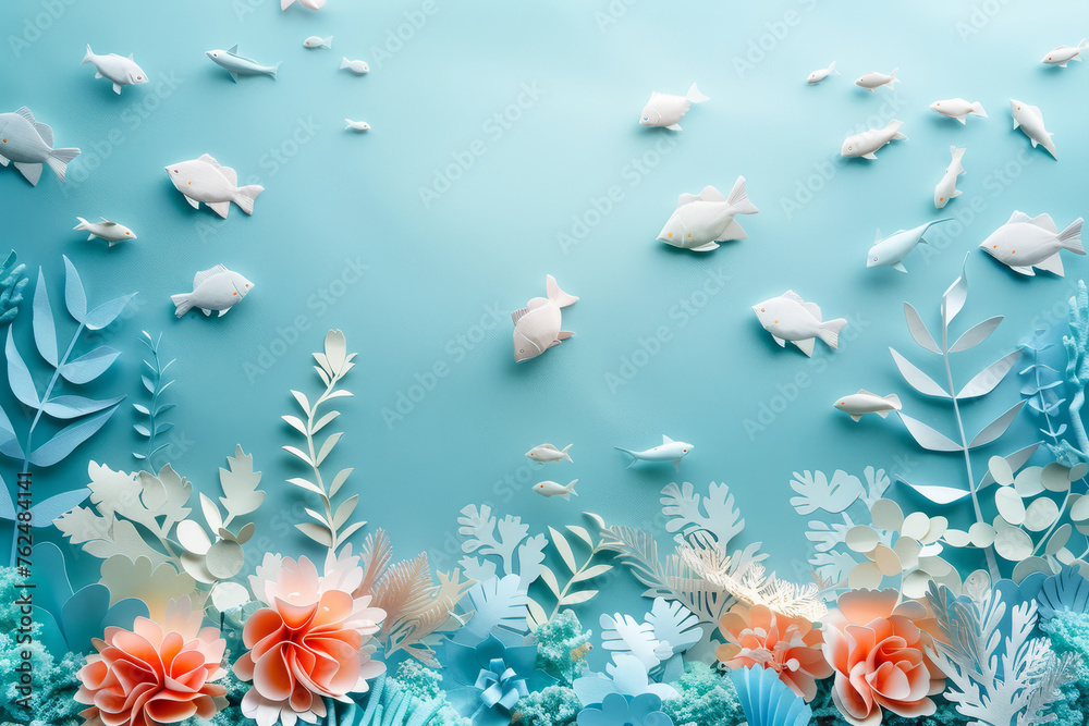A tranquil blue ocean paper art scene, home to a variety of stylized tropical fish swimming amongst sea foliage..