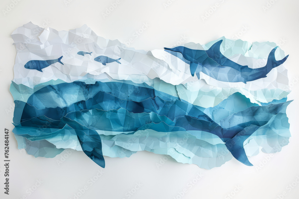 Fototapeta premium A detailed underwater seascape crafted from paper, featuring a majestic whale and a school of colorful fish in a marine dance..