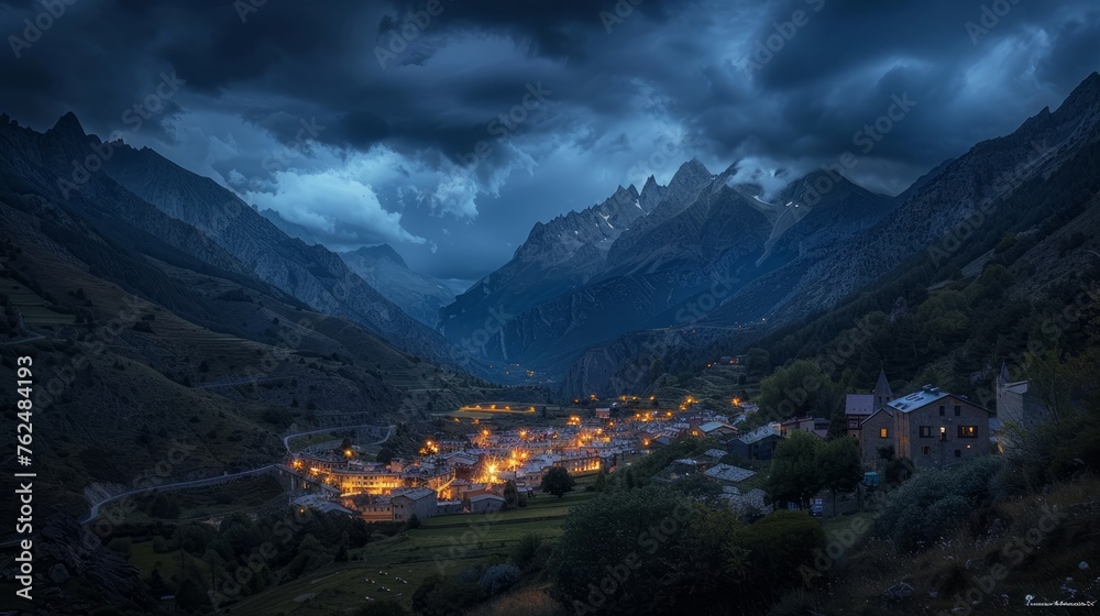 Mountains in Tena valley Huesca Aragon Spain Formigal by night - obrazy, fototapety, plakaty 