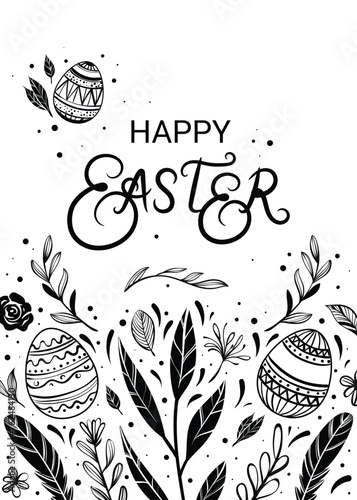 Happy Easter greeting card with hand-drawn floral elements and lettering