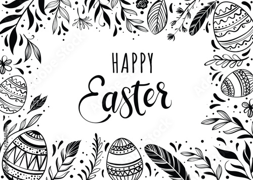 Happy Easter greeting card with hand-drawn floral elements and lettering