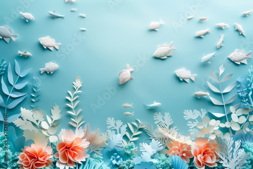 A tranquil blue ocean paper art scene, home to a variety of stylized tropical fish swimming amongst sea foliage..