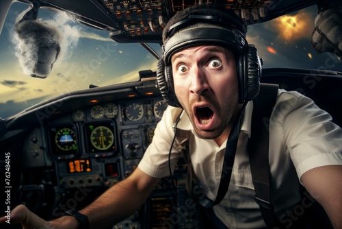 Bewildered Shocked aviation pilot. Male flight. Generate Ai photo