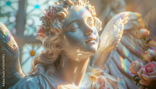 The sculpture of a holy statue of a girl sleeps in the heavenly divine garden  illuminated by the rays of God..