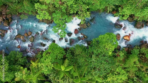 Overhead view of rocky blue river with rapids in the jungle in Costa RIca 