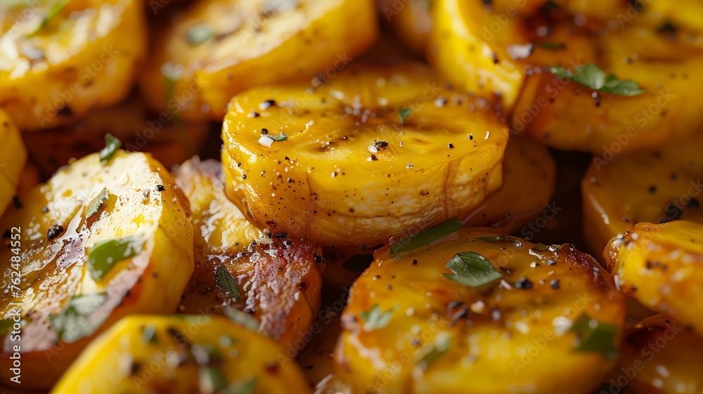 Golden caramelized plantain slices sprinkled with spices in close-up Golden caramelized plantain slices sprinkled with spices in close-up
