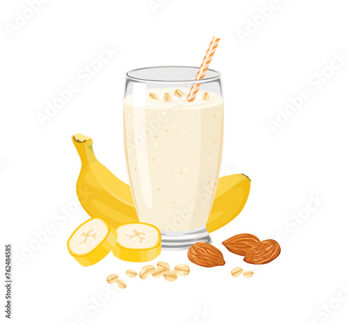 Banana smoothie with oat and almonds. Milkshake vector illustration.