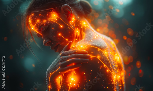 A person touching their shoulder in pain with a glowing representation of inflamed joints, illustrating medical concepts of arthritis or tendonitis photo