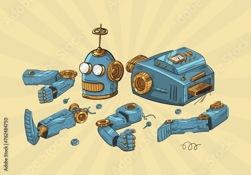 Broken or disassembled  cartoon vintage robot. Pop art retro illustration. Comic book style.