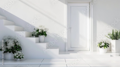 striking white entrance door surrounded by geometric steps and white potted flowers exudes modern charm.