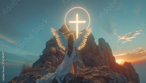 A holy girl with angel wings prays to a cross in the mountains.