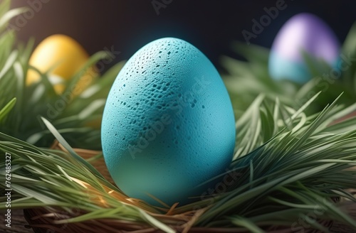 happy Easter. The banner. Colorful eggs on the green grass. Horizontally. An atmospheric, beautiful, stylish postcard. Easter holiday. Blue sky, flowers. Horizontally.