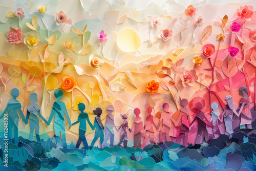 A procession of paper people traversing across a colorful gradient backdrop, with a solitary tree adding a natural element to the scene..