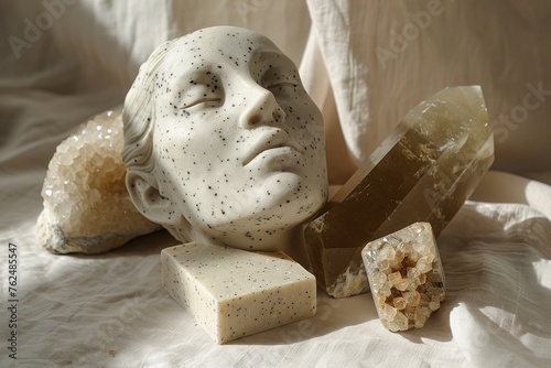 An artistic arrangement of a serene white sculpted head, geometric crystal,