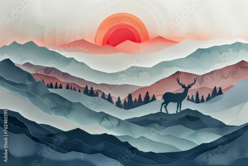 A tranquil sunset scene in paper art, showcasing silhouetted deer against a backdrop of layered mountains and flying birds. photo