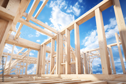 Construction wooden house, Wooden framework, building house, residential construction home, blue sky, photo
