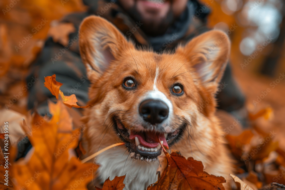 A joyful corgi dog captures the essence of autumn as it plays among the vibrant fallen leaves A joyful corgi dog captures the essence of autumn as it plays among the vibrant fallen leaves