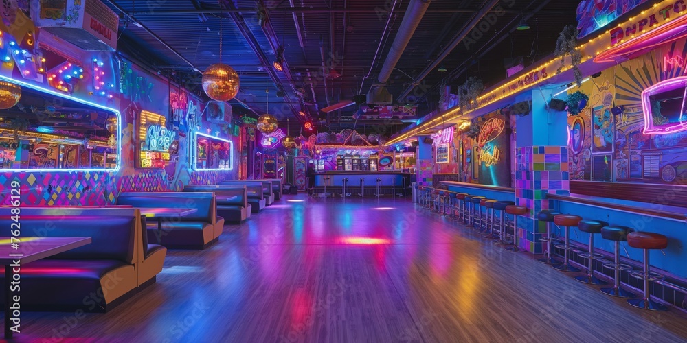 Colorful, empty arcade with neon lights and retro gaming machines Colorful, empty arcade with neon lights and retro gaming machines