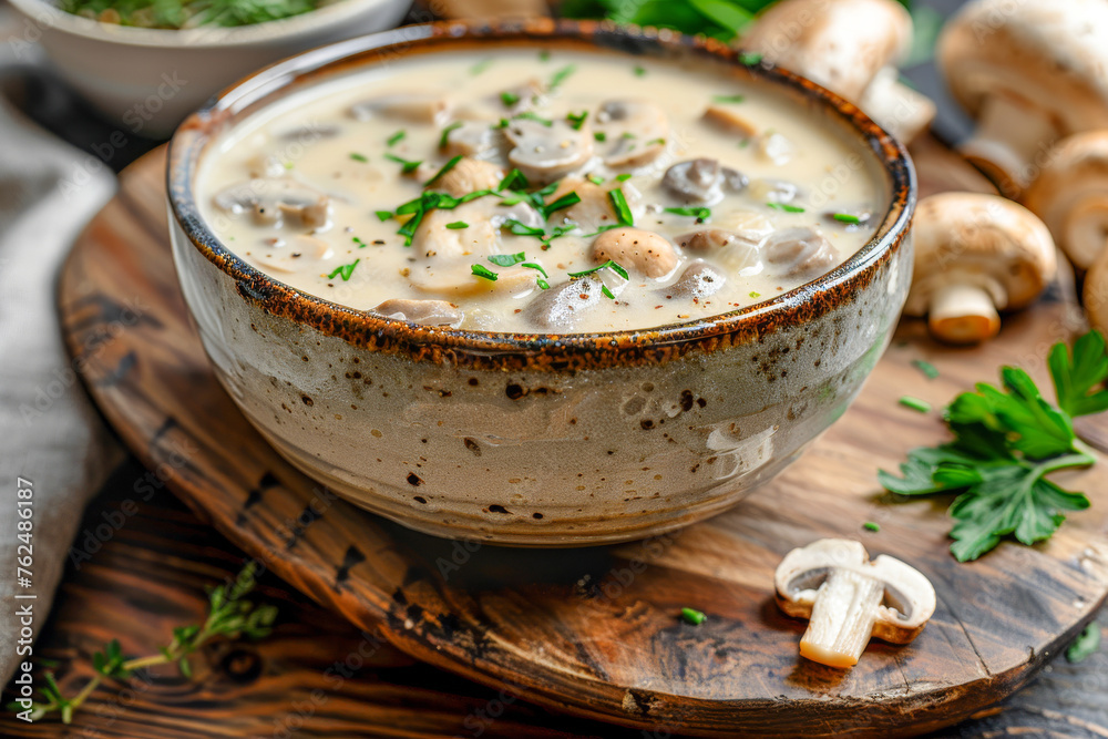 Savory and warm creamy mushroom soup garnished with herbs Savory and warm creamy mushroom soup garnished with herbs
