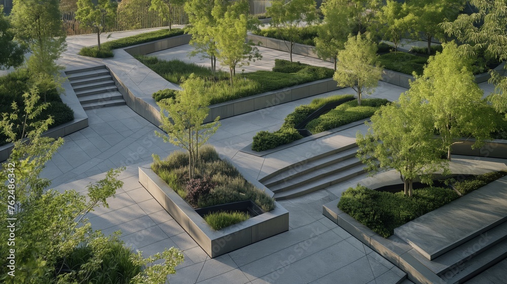 Lush green plants and innovative concrete patterns adorn this contemporary urban park at dusk Lush green plants and innovative concrete patterns adorn this contemporary urban park at dusk